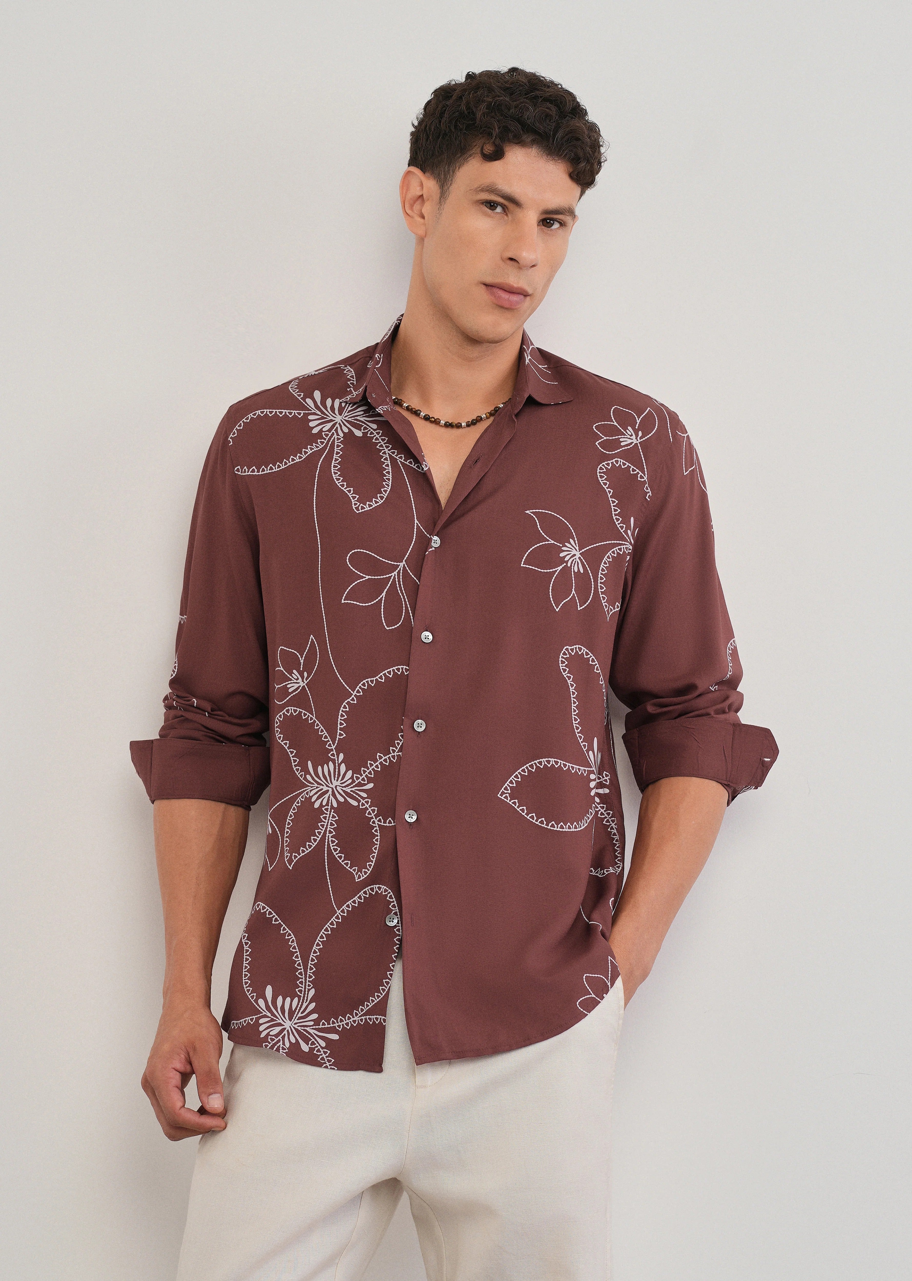 Stemlys Men's Brown Floral Printed Casual Full Sleeve Shirt | Premium Relaxed Fit Designer Shirt