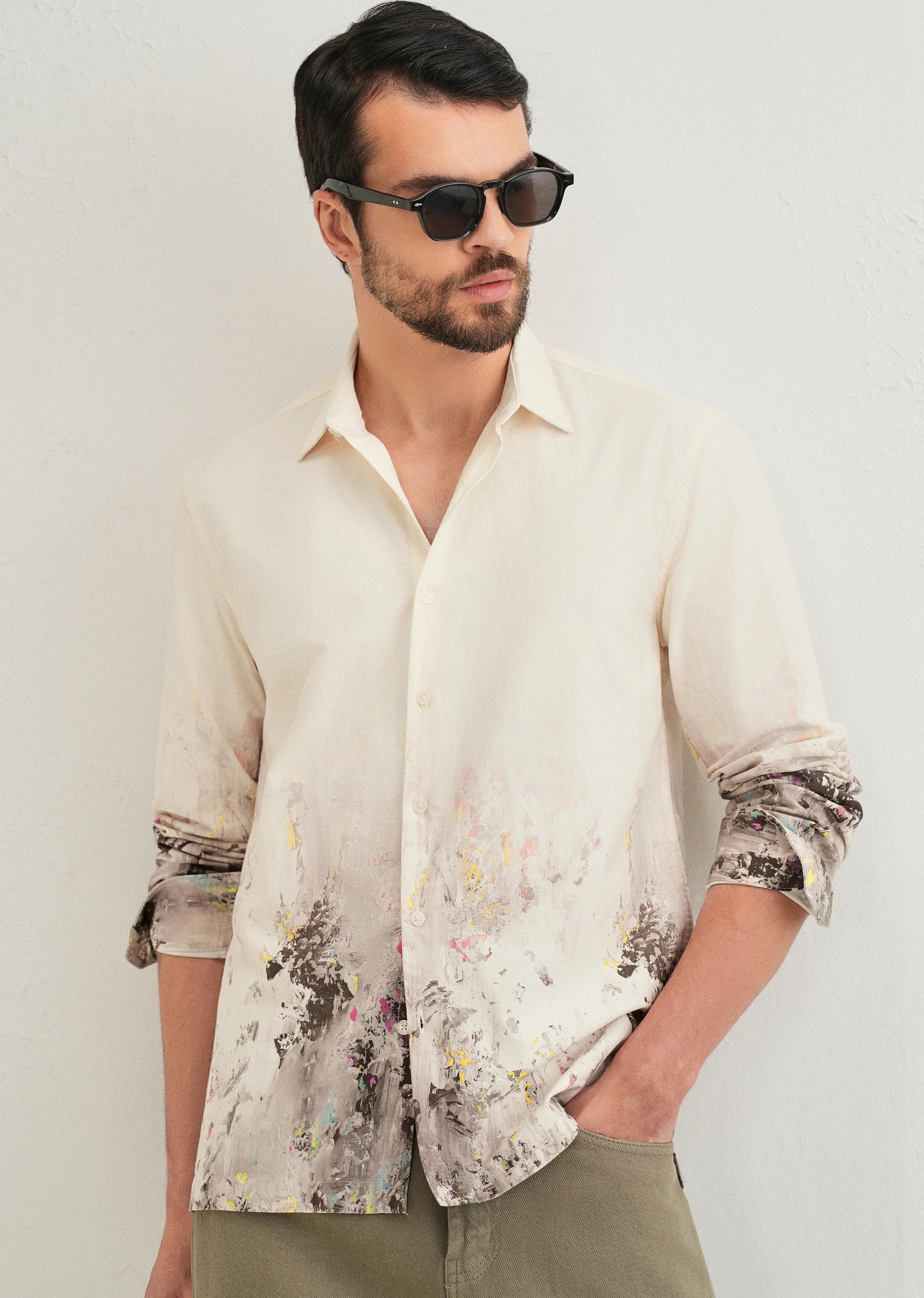 Stemlys Men's Beige Abstract Splatter Printed Casual Full Sleeve Shirt | Premium Artistic Designer Shirt