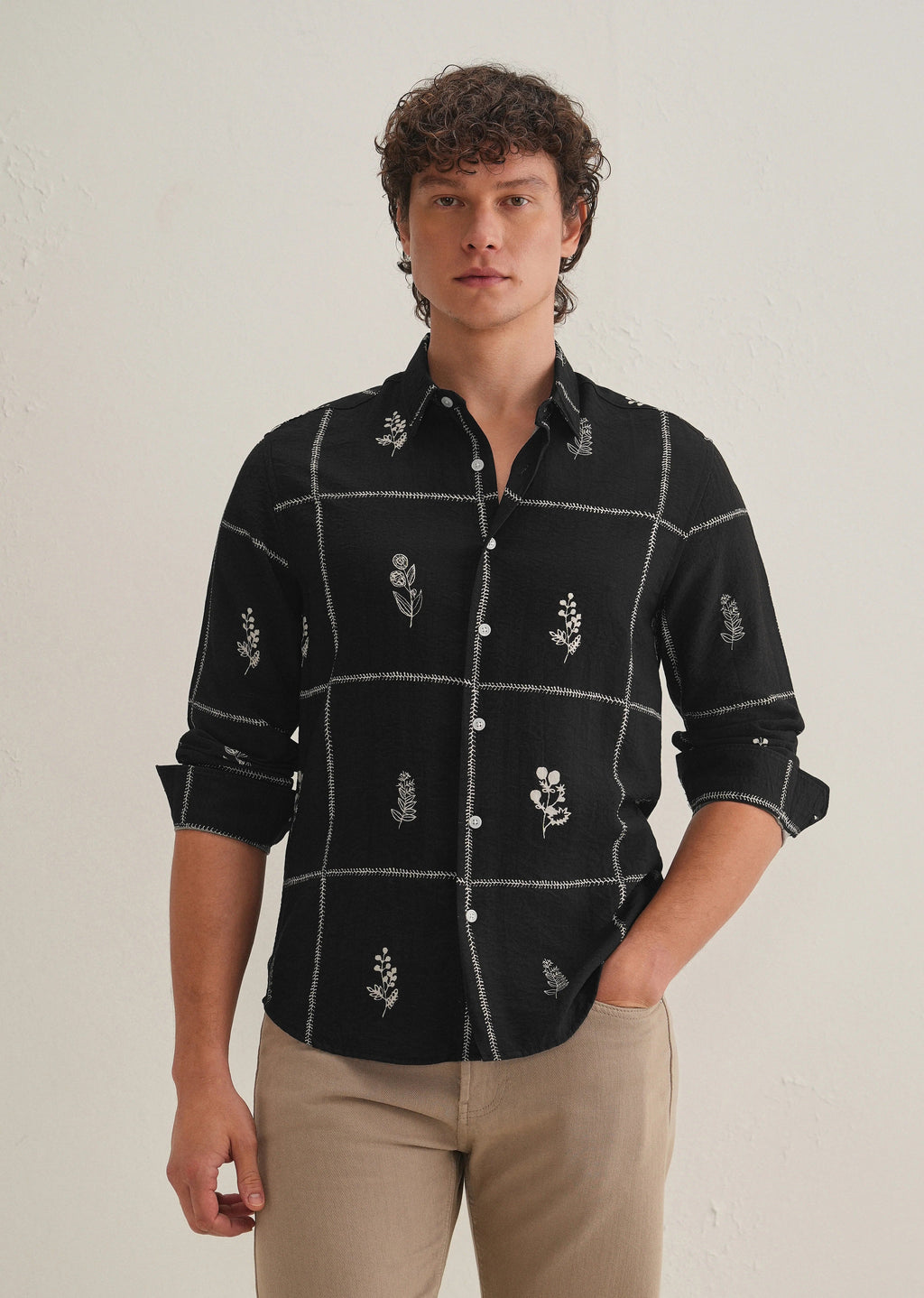 Stemlys Men's Black Floral Grid Printed Casual Full Sleeve Shirt | Premium Relaxed Fit Designer Shirt