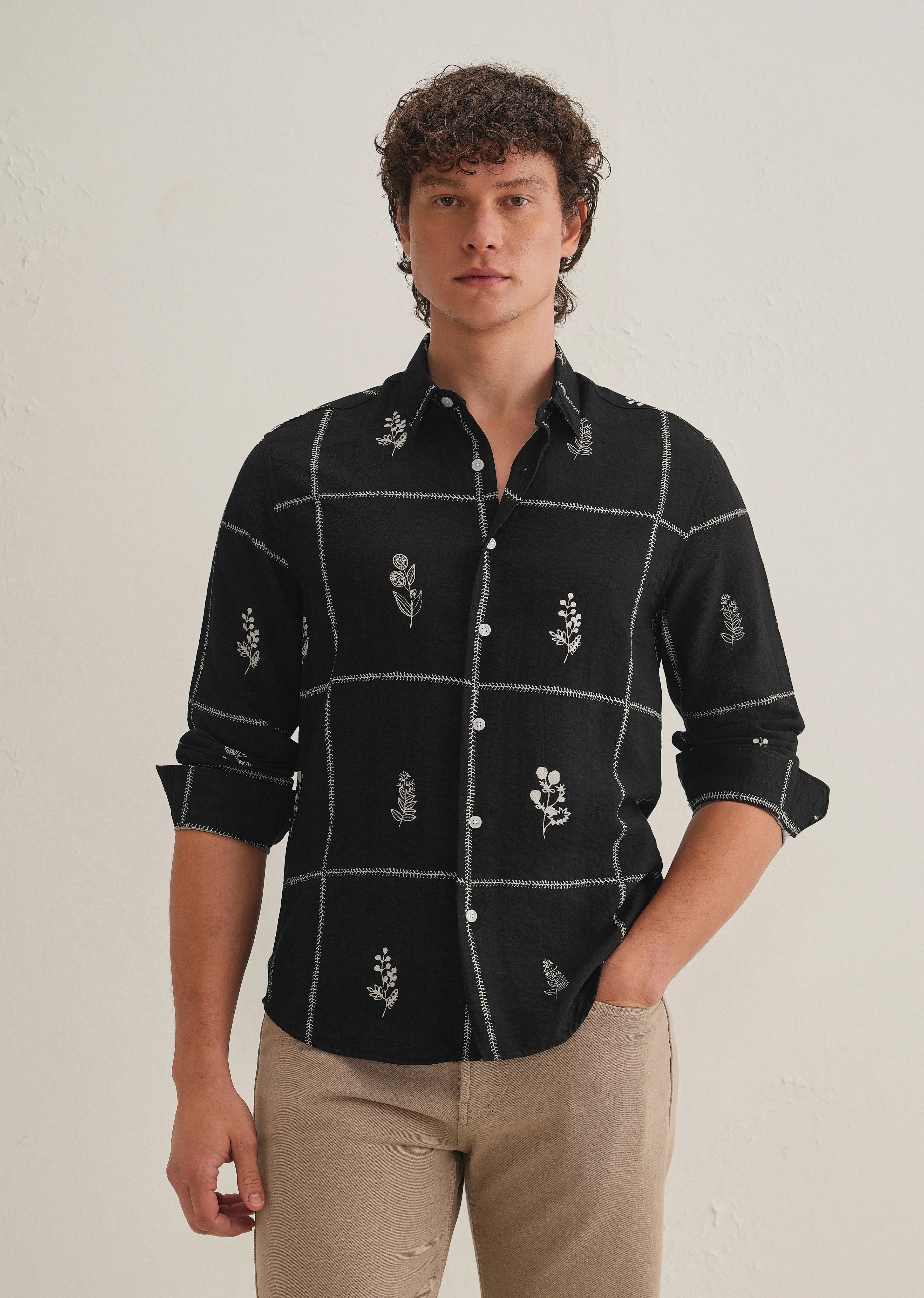 Stemlys Men's Black Floral Grid Printed Casual Full Sleeve Shirt | Premium Relaxed Fit Designer Shirt