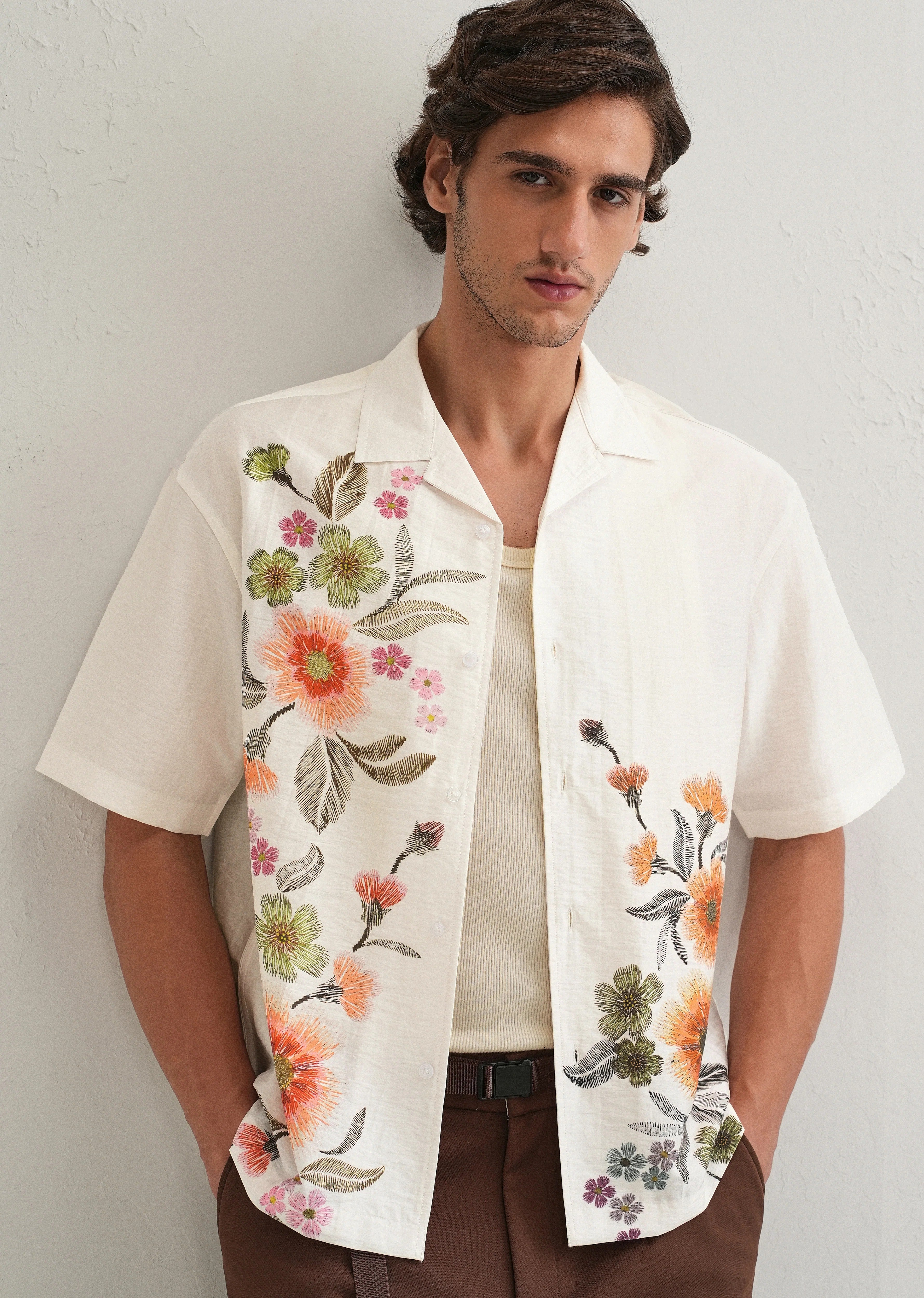 Stemlys Men's White Floral Placement Print Cuban Collar Shirt | Premium Half Sleeve Resort Wear Shirt