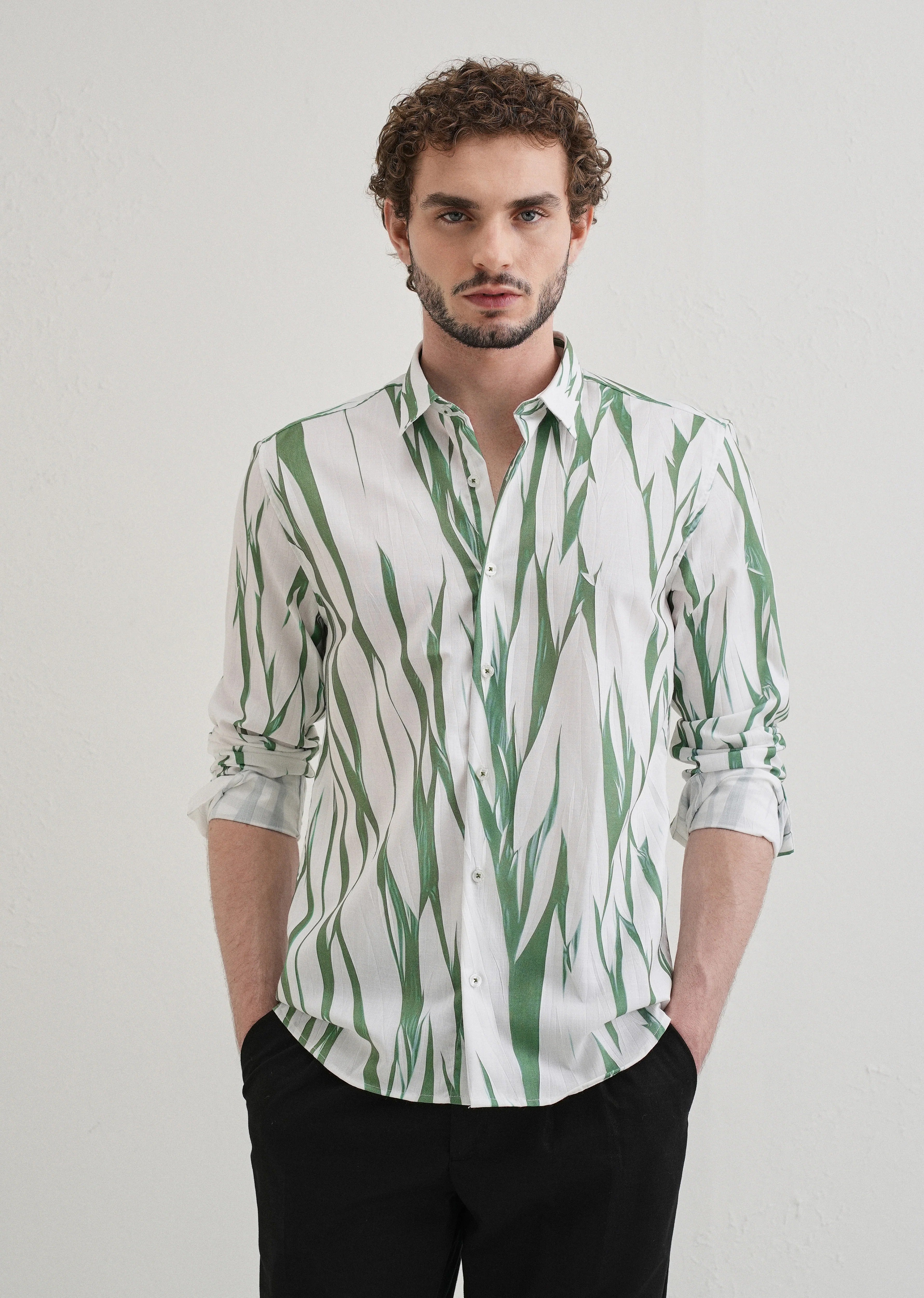 Stemlys Men's White & Green Abstract Botanical Printed Casual Full Sleeve Shirt | Premium Relaxed Fit Designer Shirt