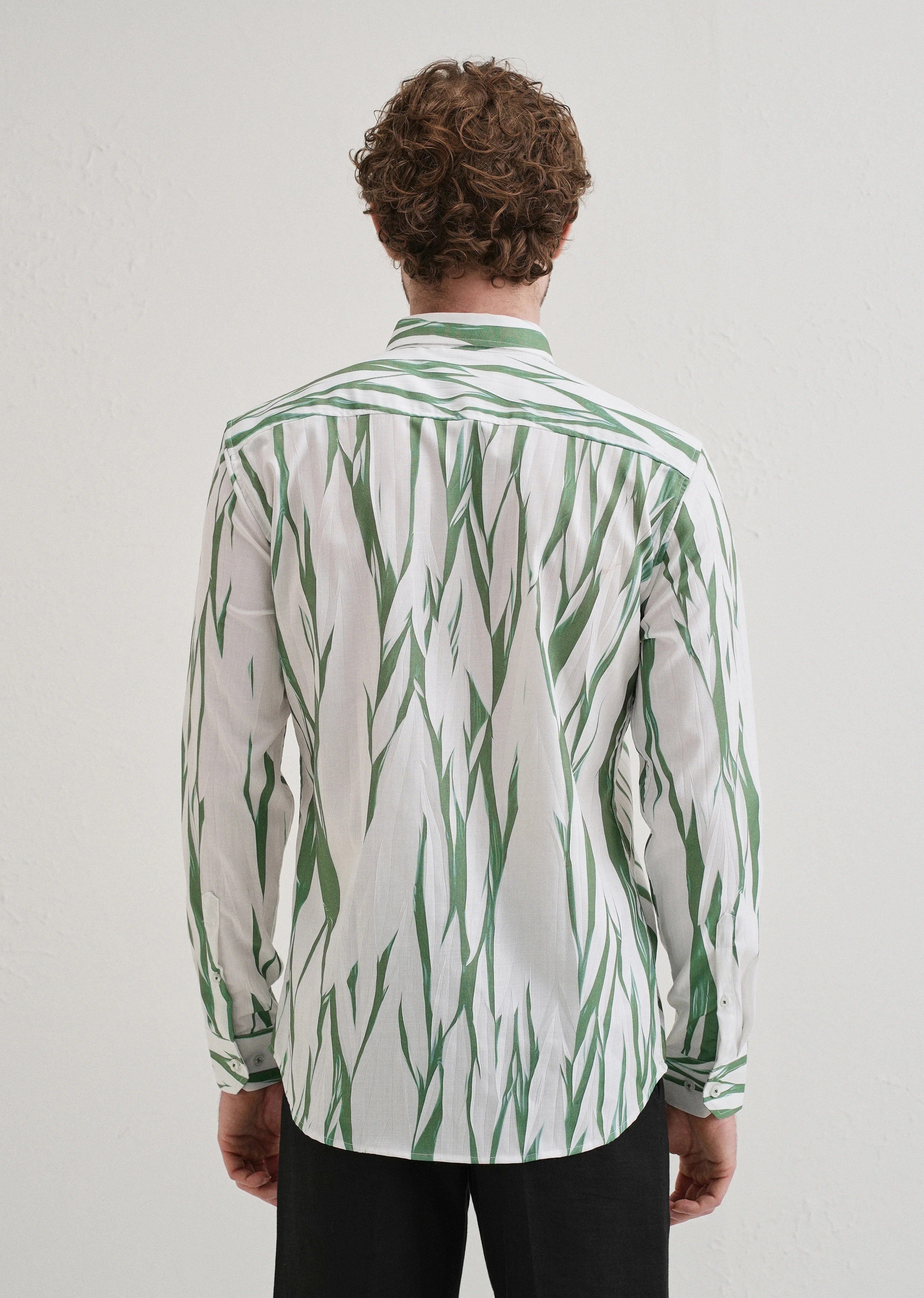Stemlys Men's White & Green Abstract Botanical Printed Casual Full Sleeve Shirt | Premium Relaxed Fit Designer Shirt